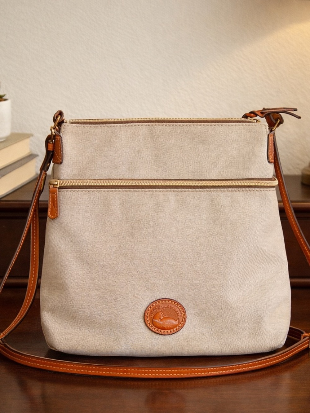 Dooney & Bourke Gray Canvas Crossbody Bag Cognac Leather Trim Red Interior